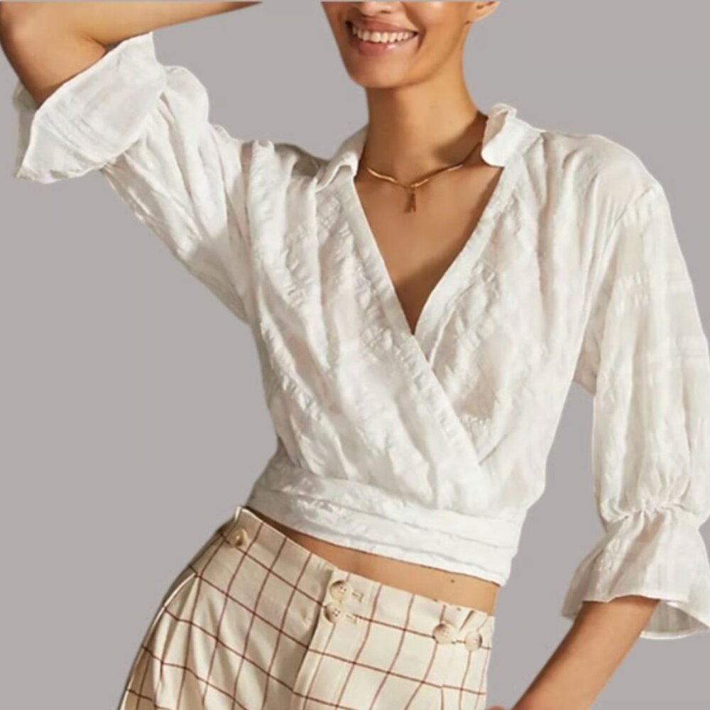 By Anthropologie sheer white banded surplice v-neck blouse puff sleeves size L